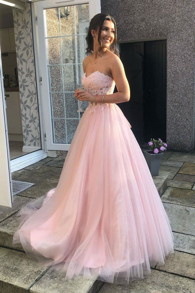 sweetheart lace top tulle pink long prom dress pink formal gown