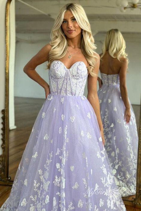 sweetheart lilac lace butterfly long prom dresses sleeveless formal gown