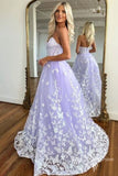 Sweetheart Lilac Lace Butterfly Long Prom Dresses Sleeveless Formal Gown GP450