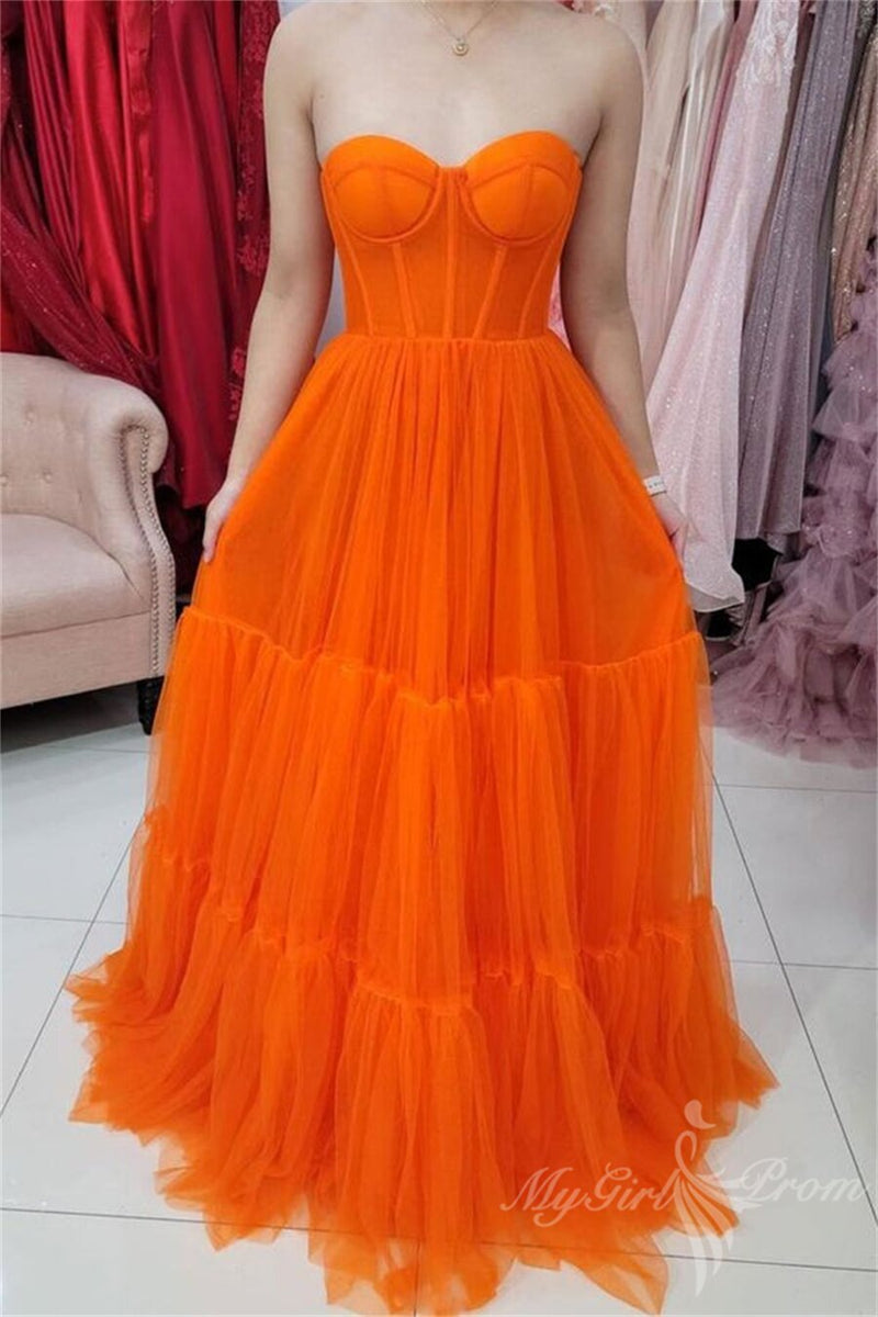 sweetheart orange tulle long prom dresses seeveless simple evening dress