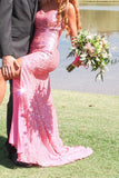 sequin sweetheart pink mermaid prom dress slit long evening gown