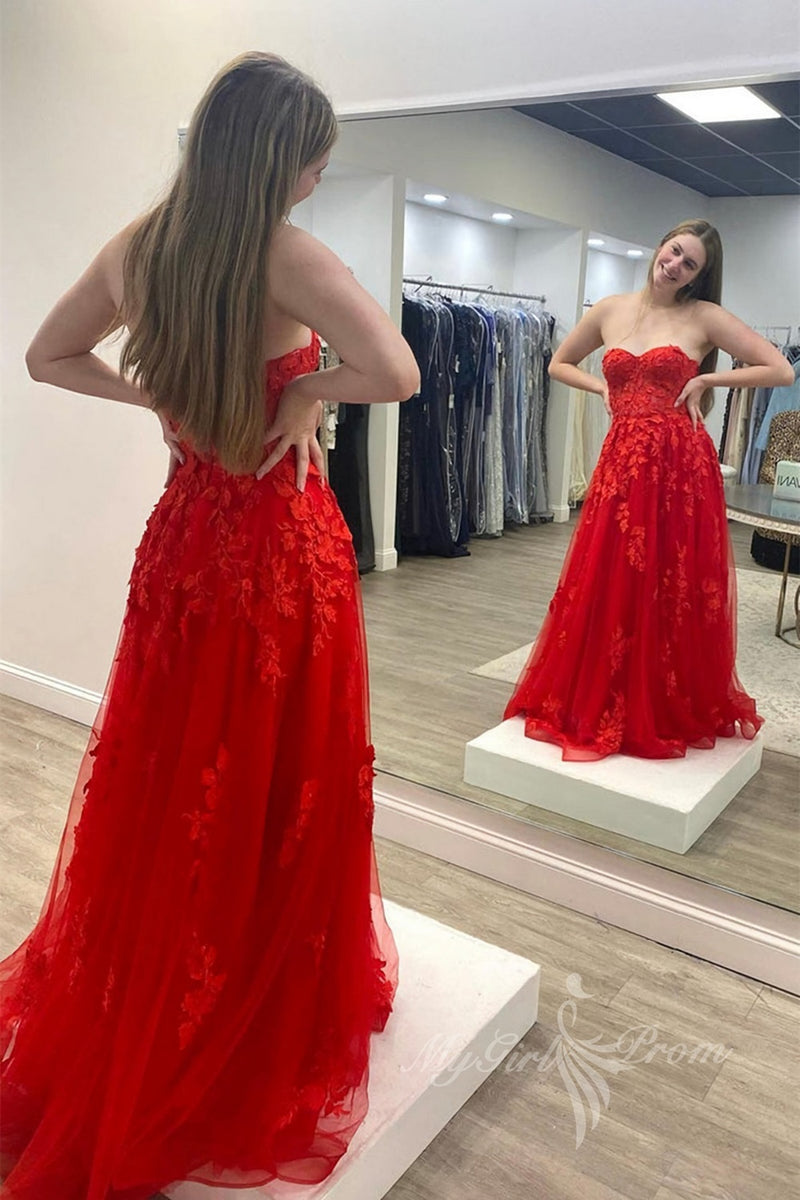 sweetheart red tulle long prom dress with lace appliques long formal dress