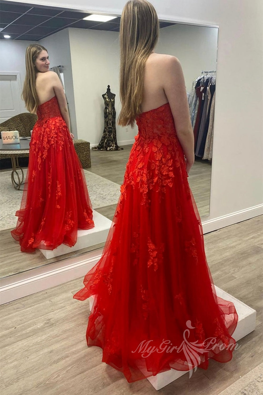 sweetheart red tulle long prom dress with lace appliques long formal dress