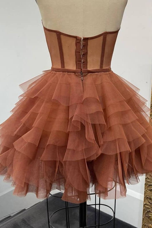 sweetheart short brown tulle ruffles corset hoco dress sheer short party dress