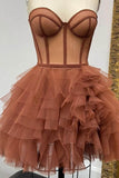 Sweetheart Short Brown Tulle Ruffles Corset Hoco Dress Sheer Short Party Dress GM562
