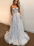 Sweetheart Sequins Long Prom Dress A-Line Lace Wedding Gown PW248