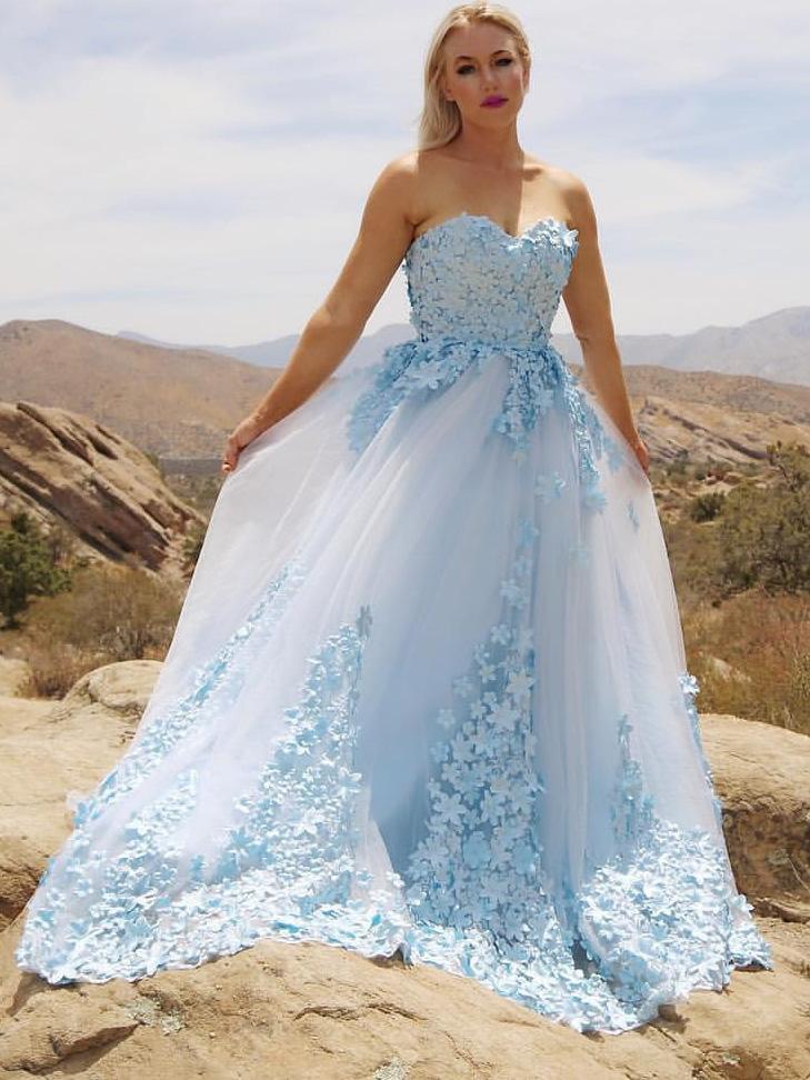 sweetheart light sky blue tulle applique long formal prom dress