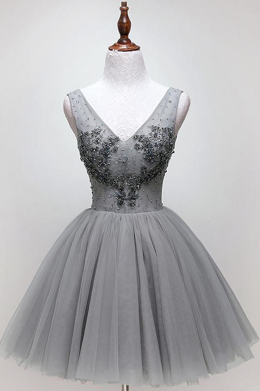 v neck beading silver short prom homecoming dress tulle dance dress
