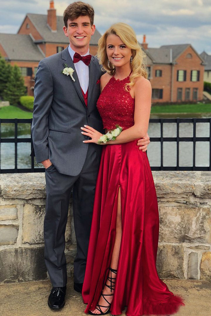 halter a line two piece prom dresses with tie back red evening gown with slit
