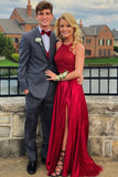 halter a line two piece prom dresses with tie back red evening gown with slit