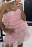 Tiered Tulle Pink Homecoming Dress, Princess Strapless Short Prom Dress GM472