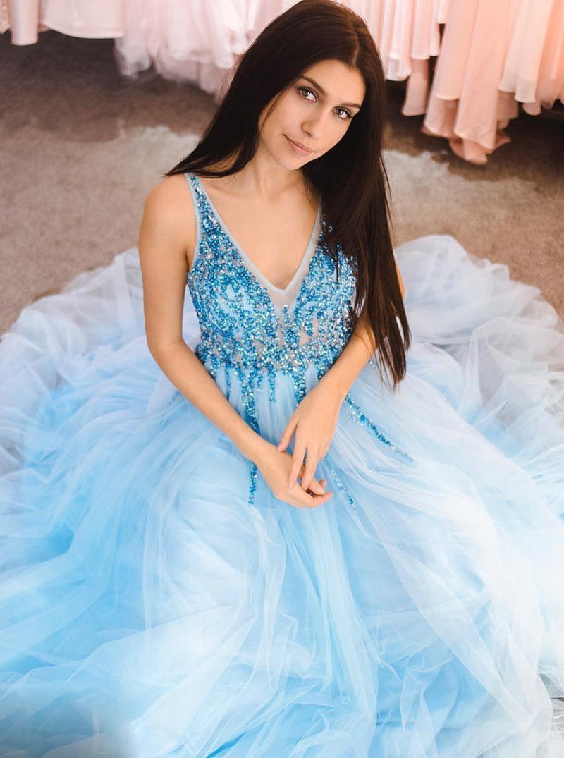 trendy blue long prom dress v neck tulle beads evening dress