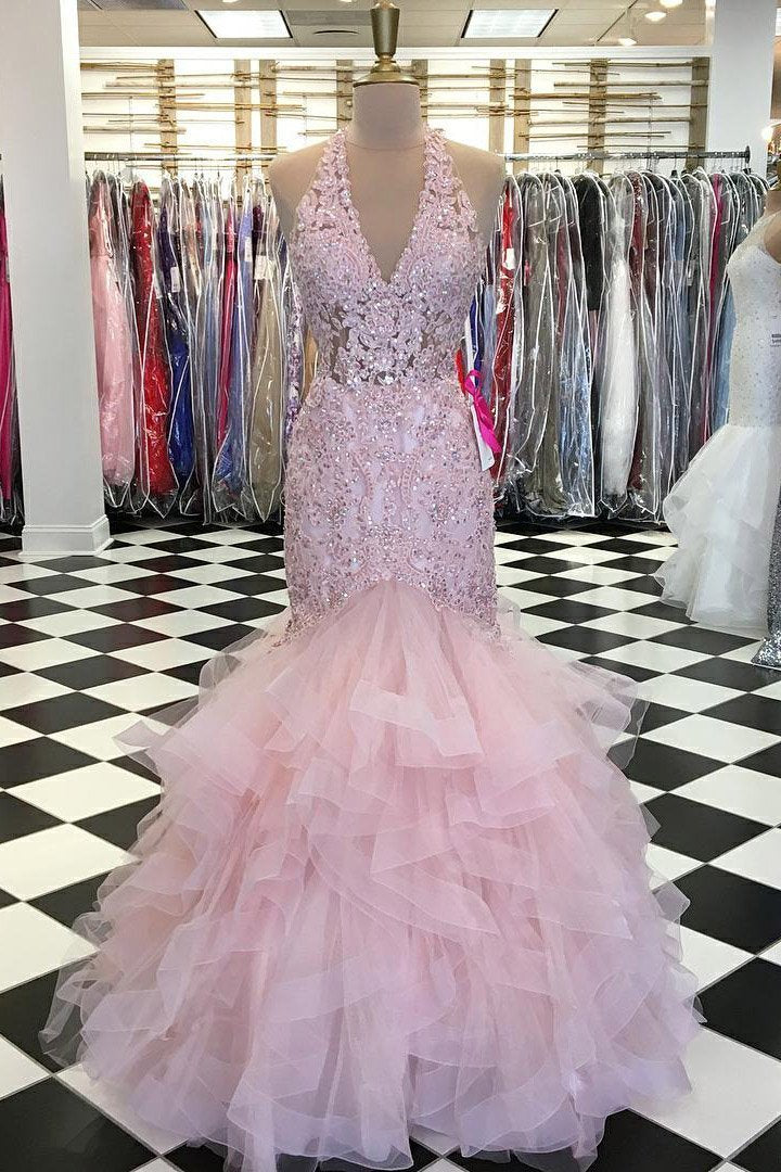 trumpet v neck lace bodice beaded pink prom dress with ruffles