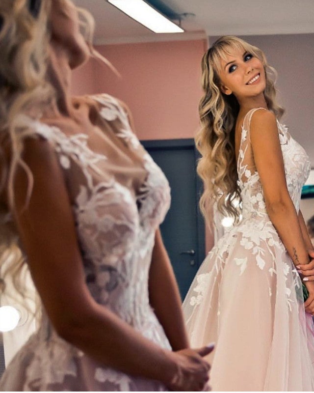 tulle open back beach wedding dresses lace applique princess bridal gown