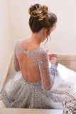 tulle long sleeves prom dress a line v neck with beading