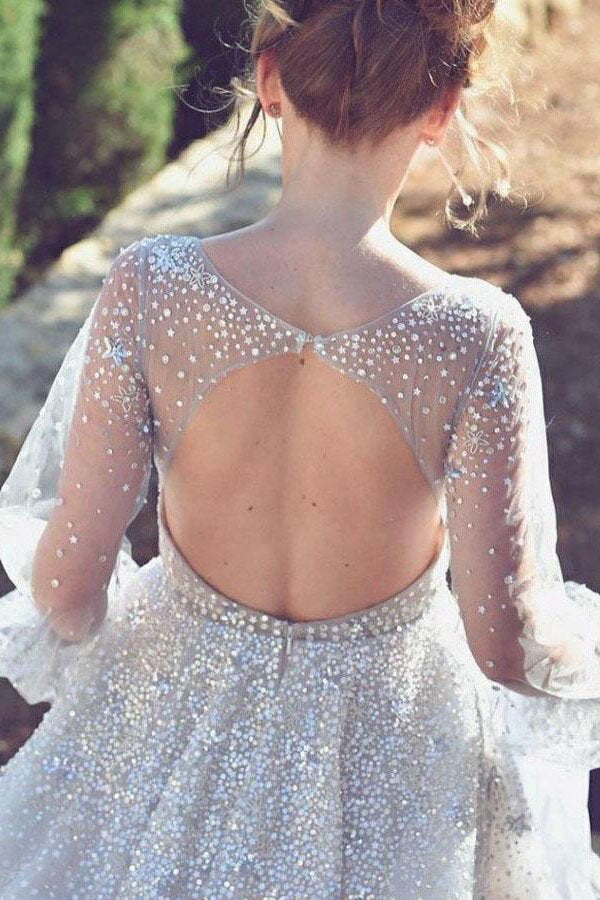tulle long sleeves prom dress a line v neck with beading