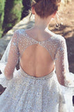 tulle long sleeves prom dress a line v neck with beading
