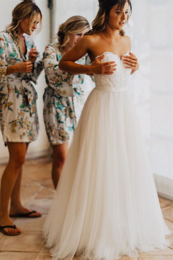 a line sweetheart tulle floor length wedding dress with lace top