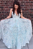 spaghetti straps tulle v neck long prom dresses with beaded appliques