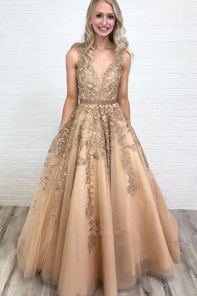 tulle lace applique long prom dress v neck with beading