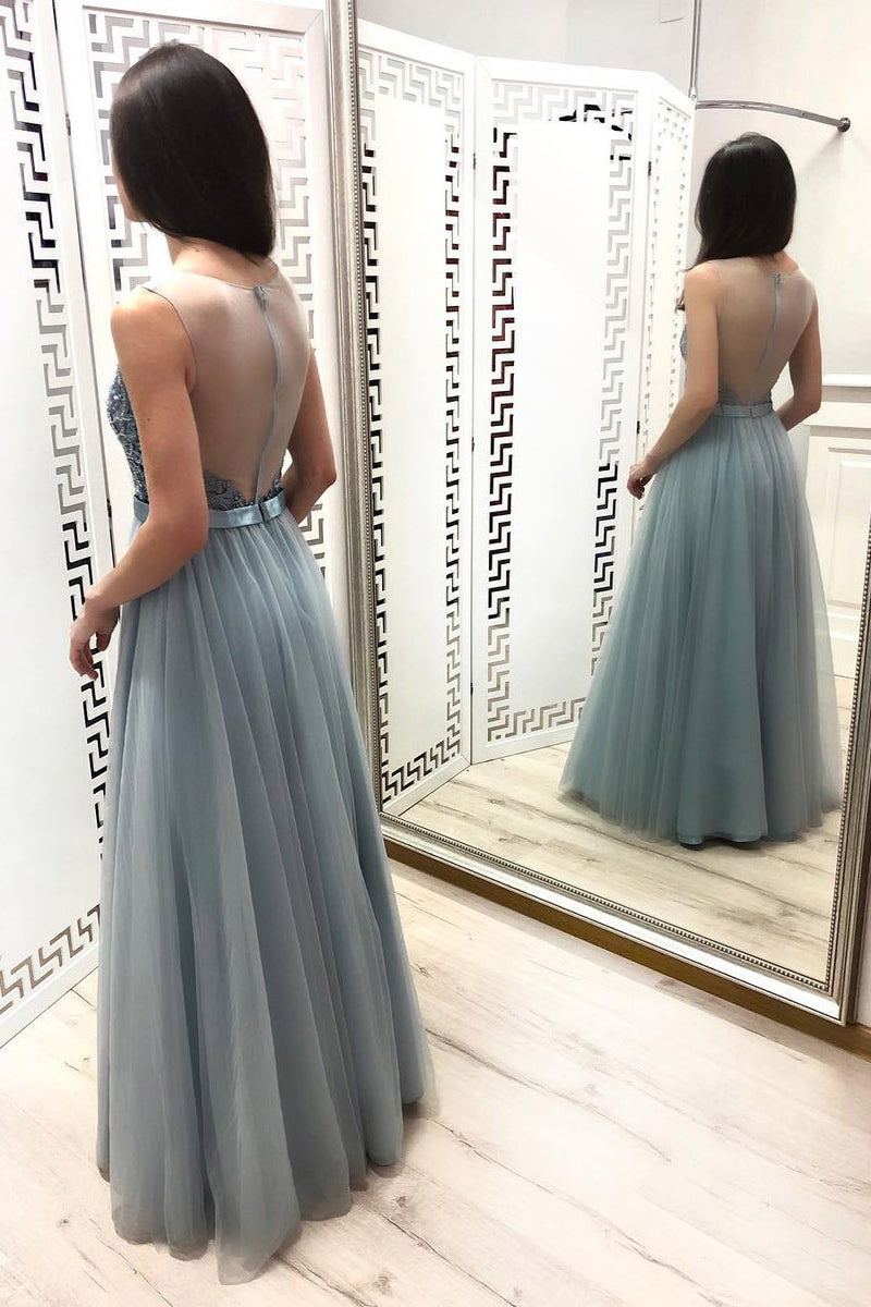 sheer neck tulle beading long prom dress with yarn back