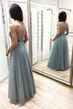 sheer neck tulle beading long prom dress with yarn back