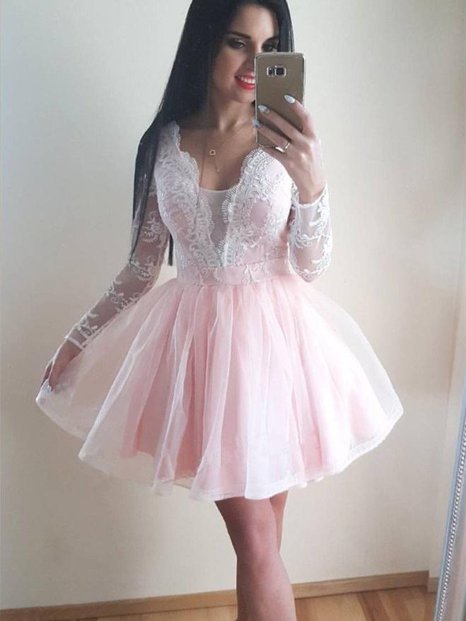 long sleeves lace appliques tulle plunge neck short prom dress