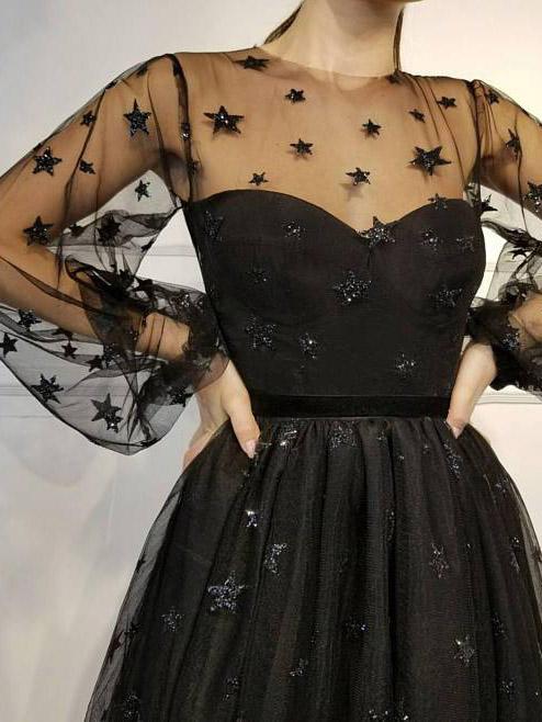 starry night long sleeves homecoming dress tulle short prom dress