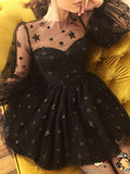 starry night long sleeves homecoming dress tulle short prom dress