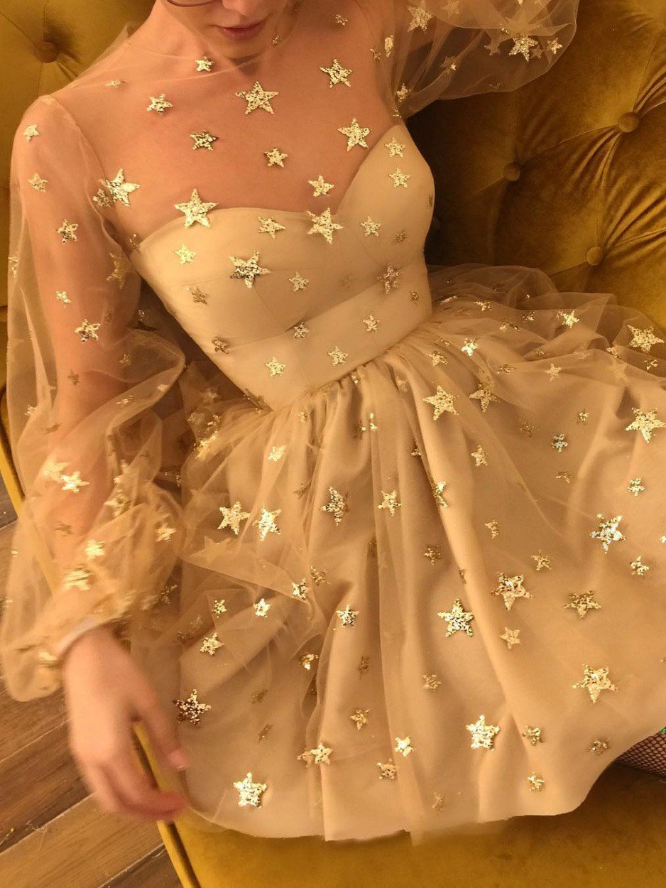 starry night long sleeves homecoming dress tulle short prom dress