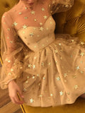 starry night long sleeves homecoming dress tulle short prom dress