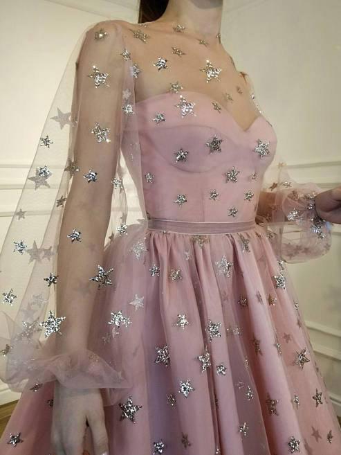 starry night long sleeves homecoming dress tulle short prom dress