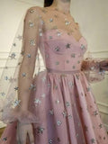 starry night long sleeves homecoming dress tulle short prom dress
