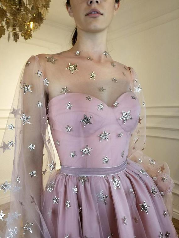 starry night long sleeves homecoming dress tulle short prom dress