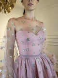 starry night long sleeves homecoming dress tulle short prom dress