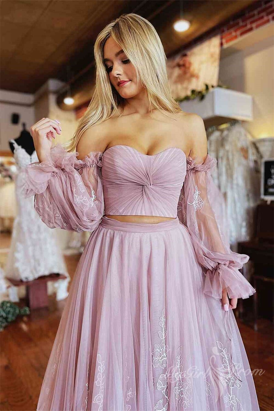 two piece blush pink pleated long sleeves lace tulle long prom dress