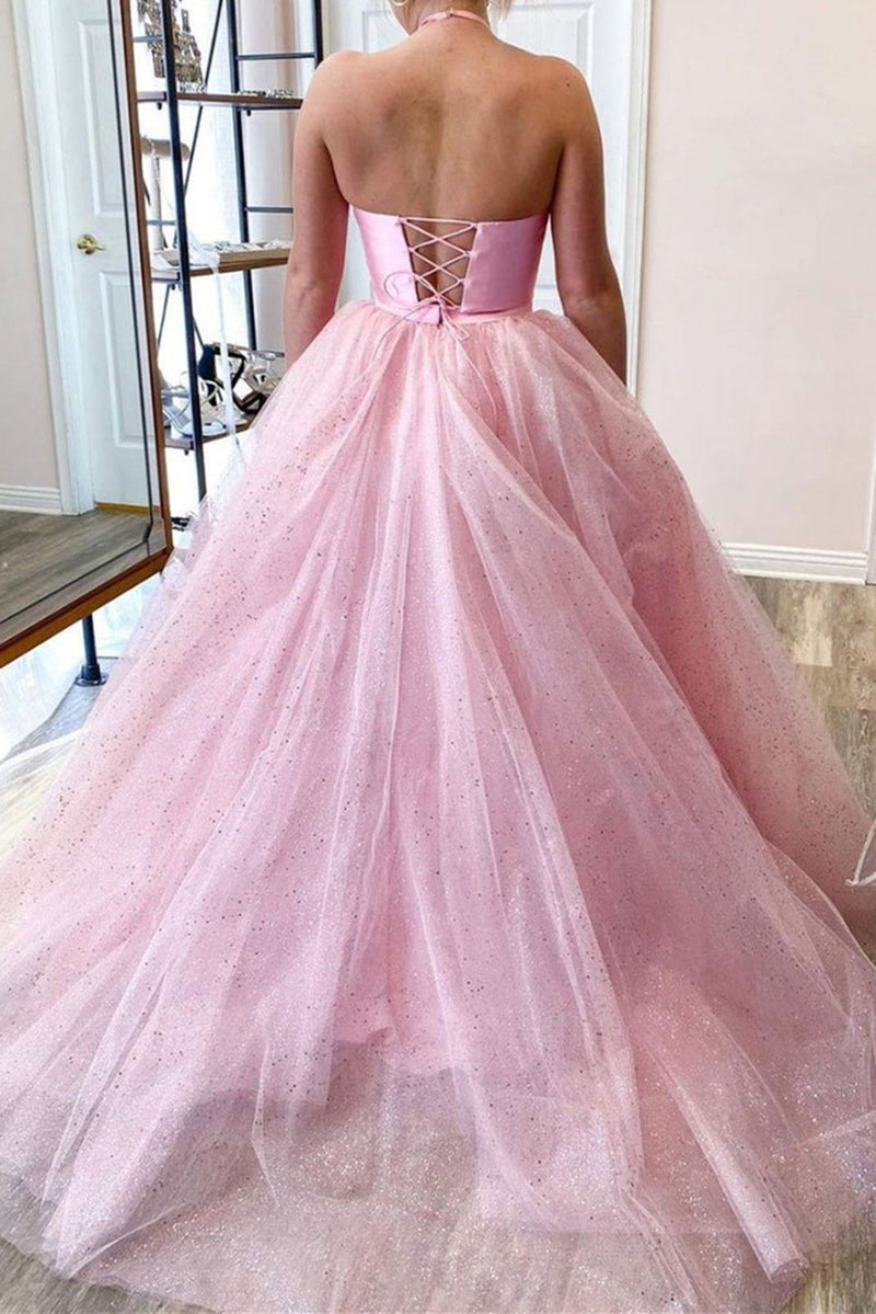 two pieces pink long prom dresses sparkly halter neck formal gown