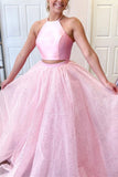 Two Pieces Pink Long Prom Dresses Sparkly Halter Neck Formal Gown GP105