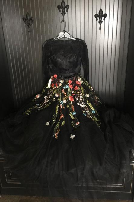 two piece black lace prom dress crew long sleeves appliqued party gown