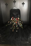 two piece black lace prom dress crew long sleeves appliqued party gown
