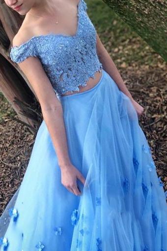two piece blue prom dress off the shoulder a line long graduation gown