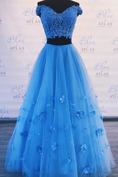 two piece blue prom dress off the shoulder a line long graduation gown