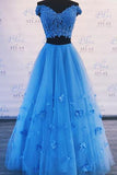 two piece blue prom dress off the shoulder a line long graduation gown