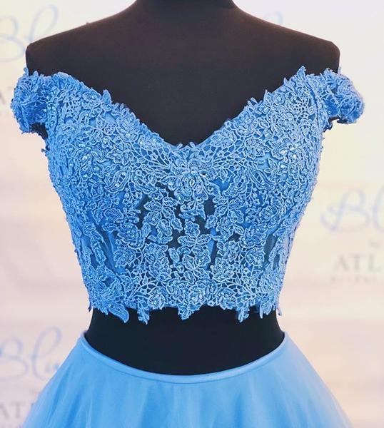 two piece blue prom dress off the shoulder a line long graduation gown
