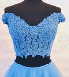 two piece blue prom dress off the shoulder a line long graduation gown