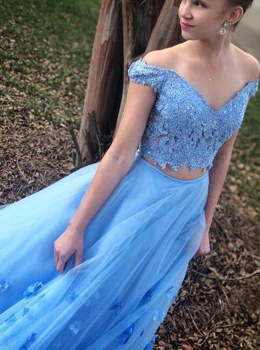 two piece blue prom dress off the shoulder a line long graduation gown