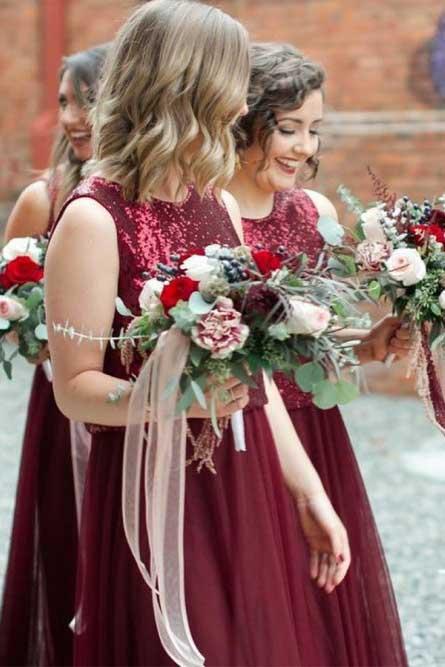 two piece burgundy bridesmaid dresses bateau tulle with sequins