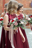 two piece burgundy bridesmaid dresses bateau tulle with sequins