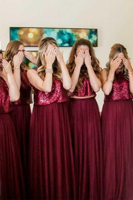 two piece burgundy bridesmaid dresses bateau tulle with sequins