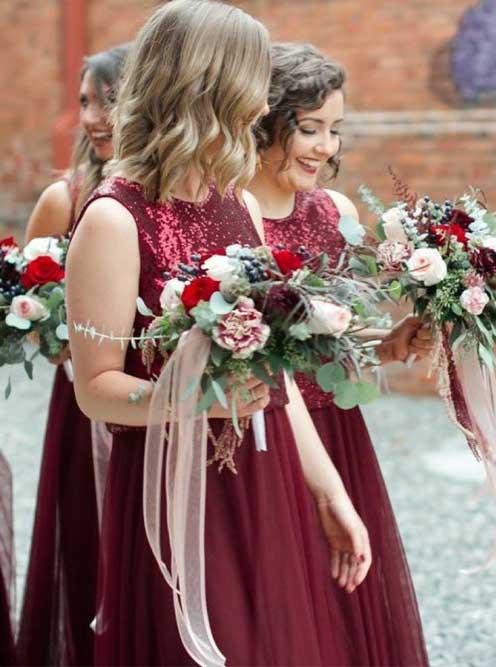 two piece burgundy bridesmaid dresses bateau tulle with sequins